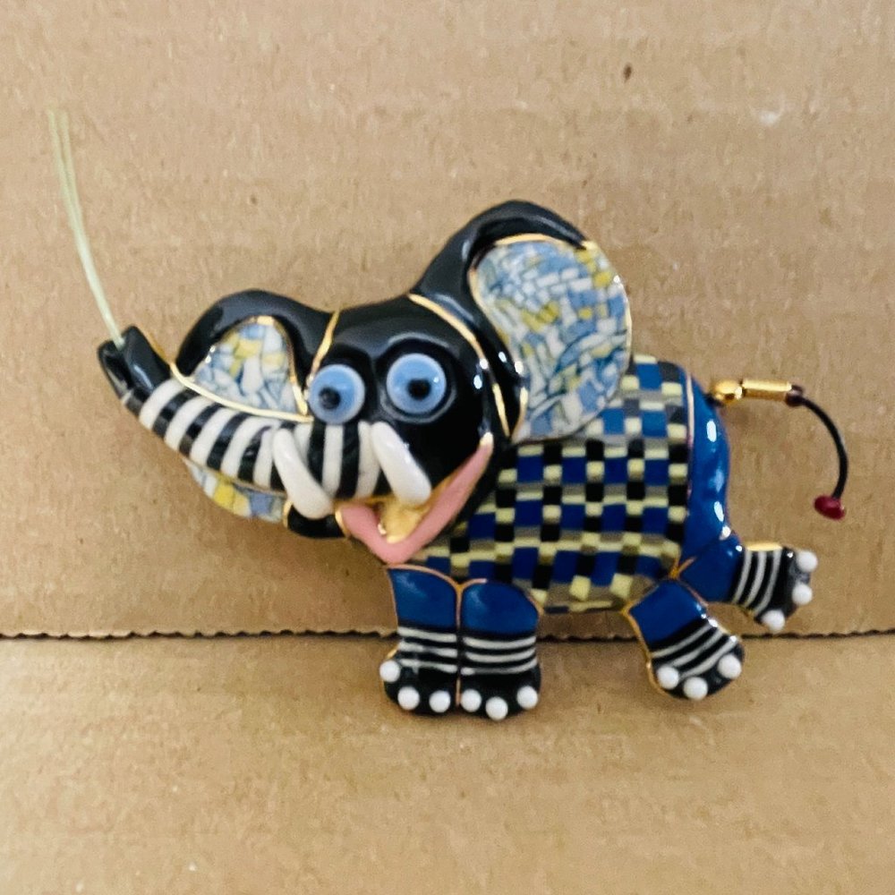 EUC Jewelry 10 Elephant Pin, Hand-Painted Porcelain, One-of-a-Kind, 3" L x 2" T